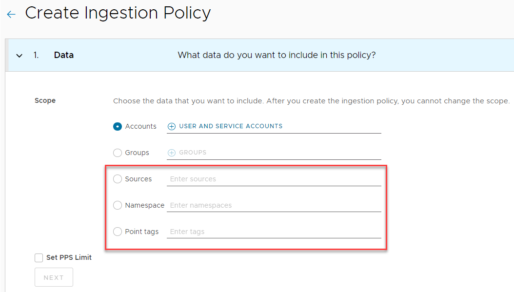 In addition to Accounts and Groups, the Scope options include Sources, Namespace, and Point tags.