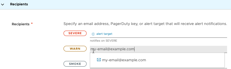 Screenshot of the recipients section of the alert where we've entered the email address
