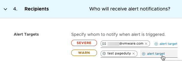 Screenshot of Recipients section with 1 email and 1 alert target included