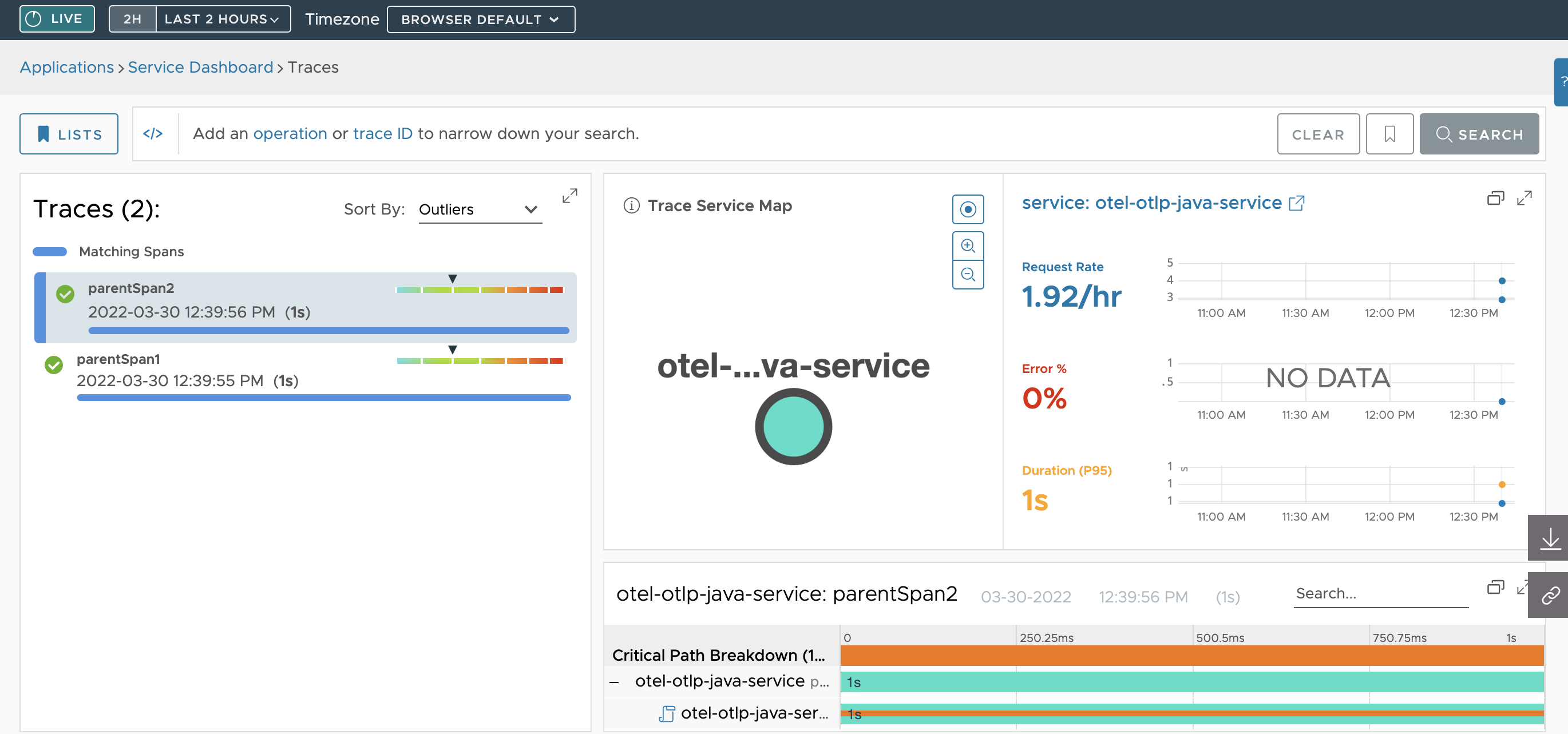 shows a screenshot of how the traces browser looks once the data is on Tanzu Observability by Wavefront