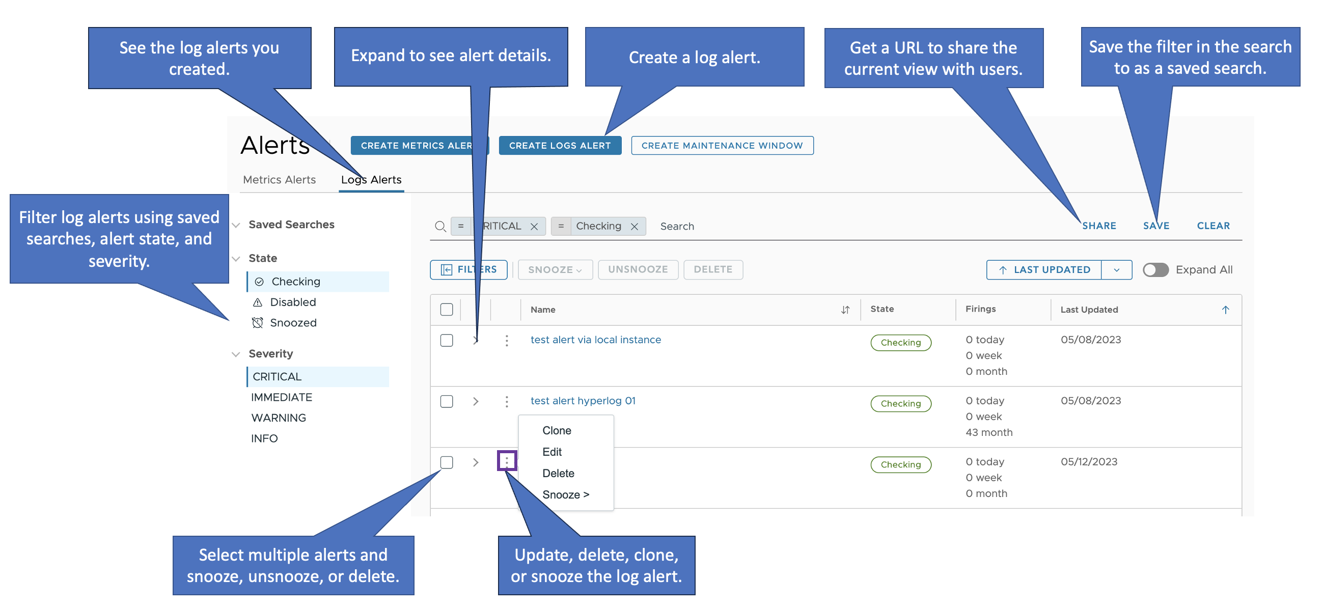 An annotated screenshot of the logs alerts on the Alerts Browser.