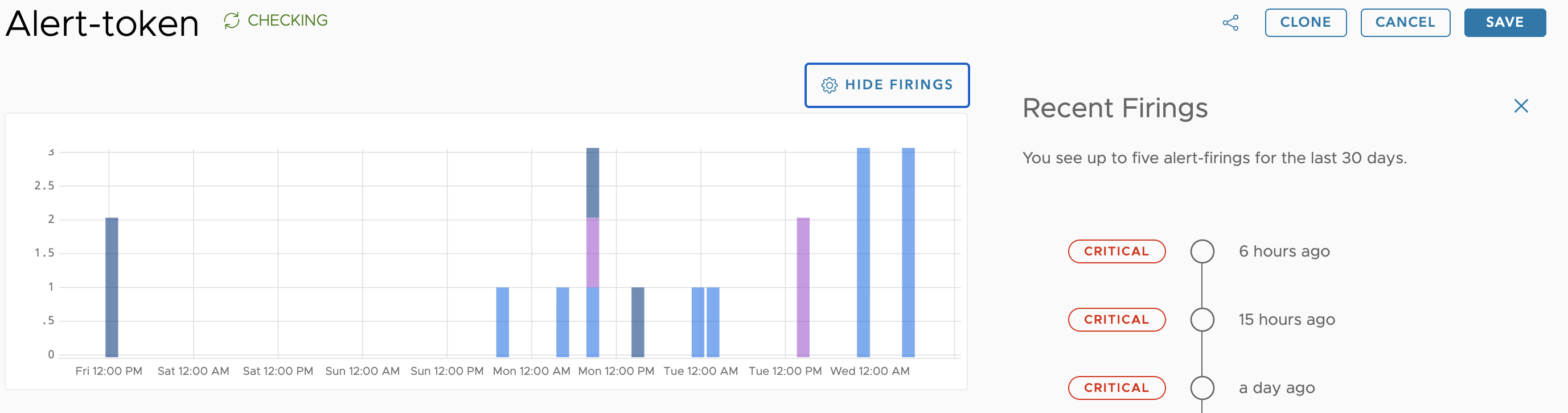 screenshot of alert firing timeline you see when you click Show Firings.