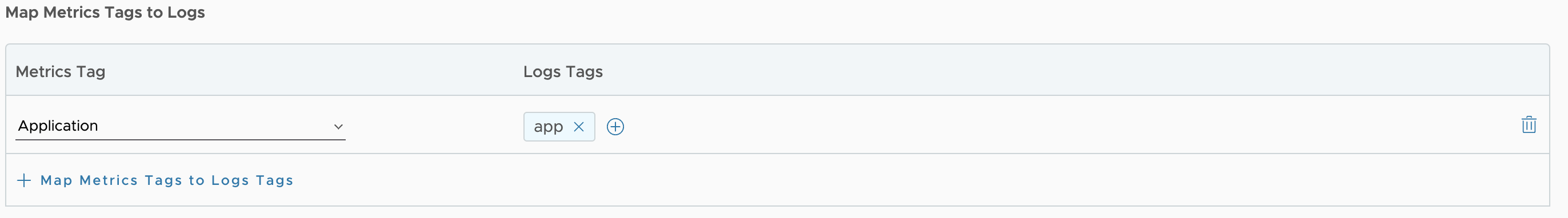 Create a map between the metrics tags and logs tags