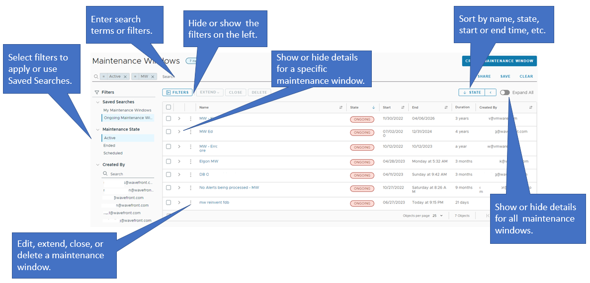 An annotated screenshot of the Maintenance Windows browser page with what an you do on this page. The information is in the bullet list below.