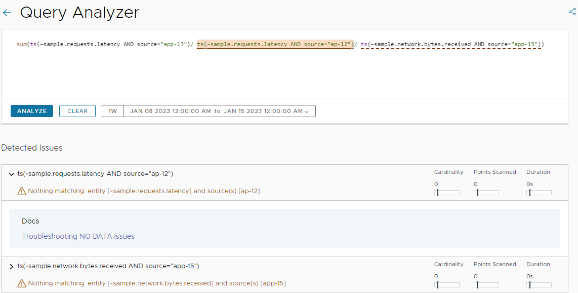 A screenshot of the query analyzer, where two subqueries are highlighted, because they contain typos