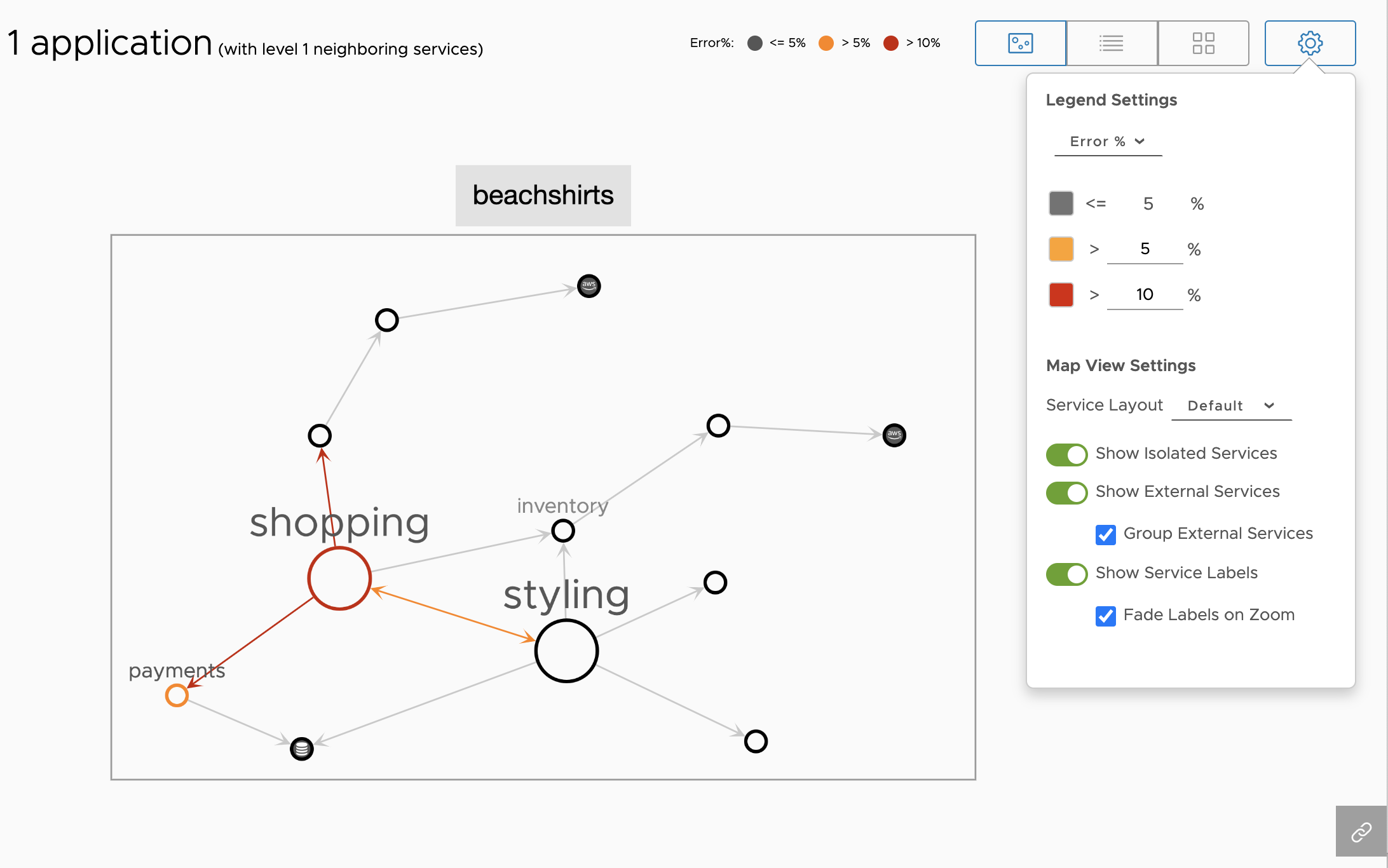 The application map view you get when you select the Fade Labels on Zoom setting.