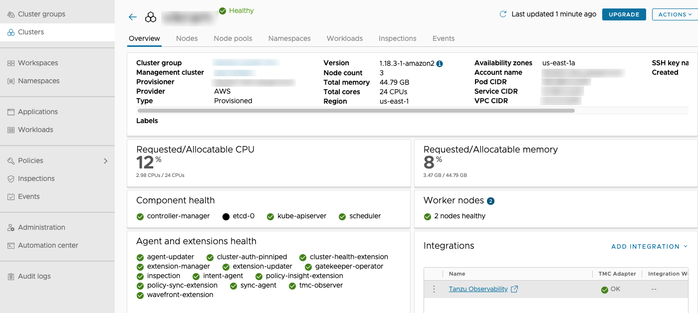 Large screenshot of TMC UI with Clusters selected and Integrations tile visible