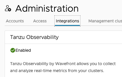 Screenshot shows Tanzu Observability is enabled.