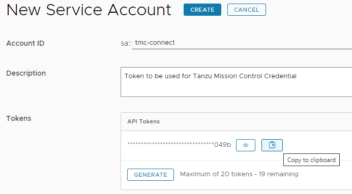 Create service account dialog with name and description filled in.