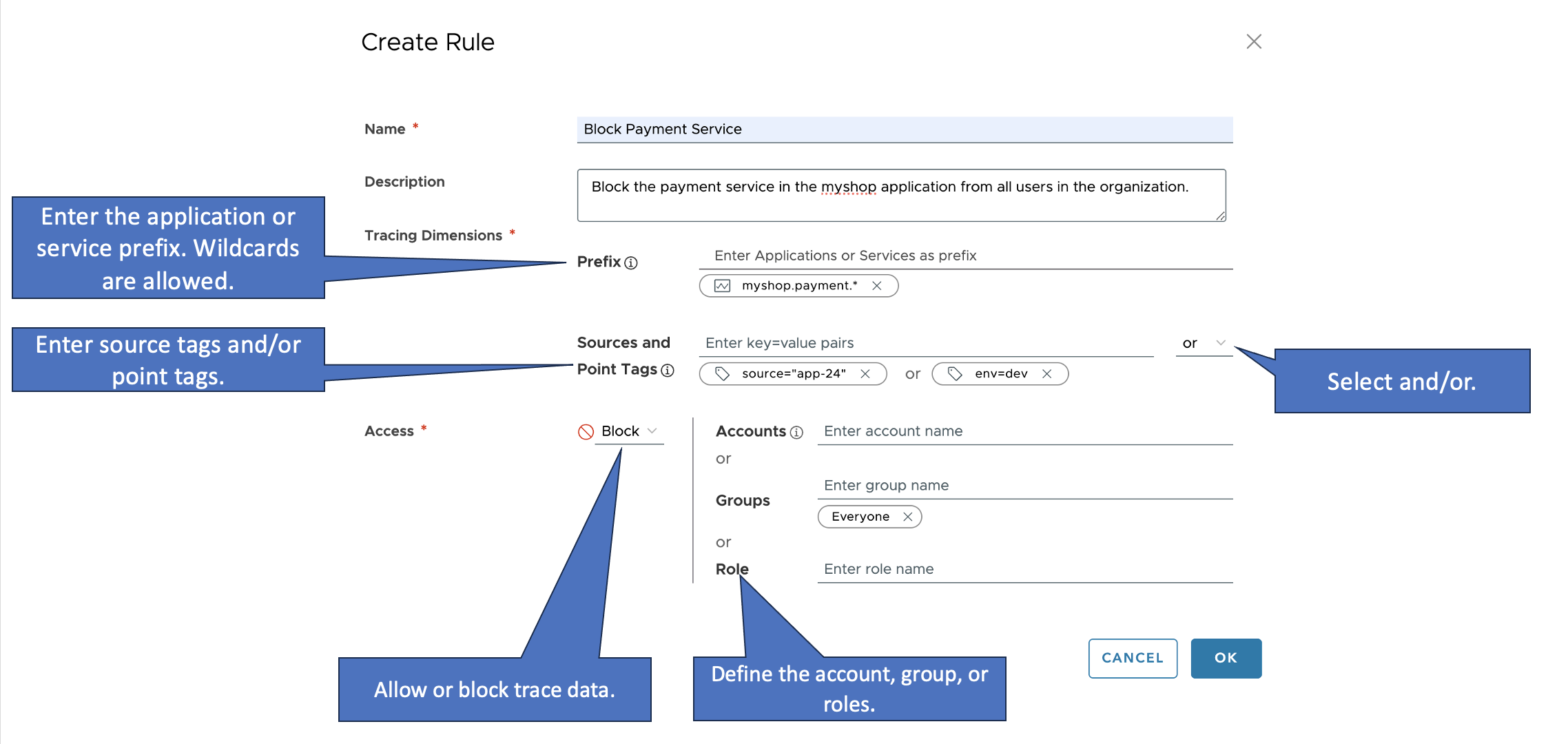 Annotated create traces security rule screenshot