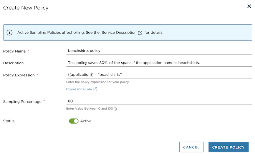 the screenshot shows the create policy form with all the UI elements that were described in the table above.