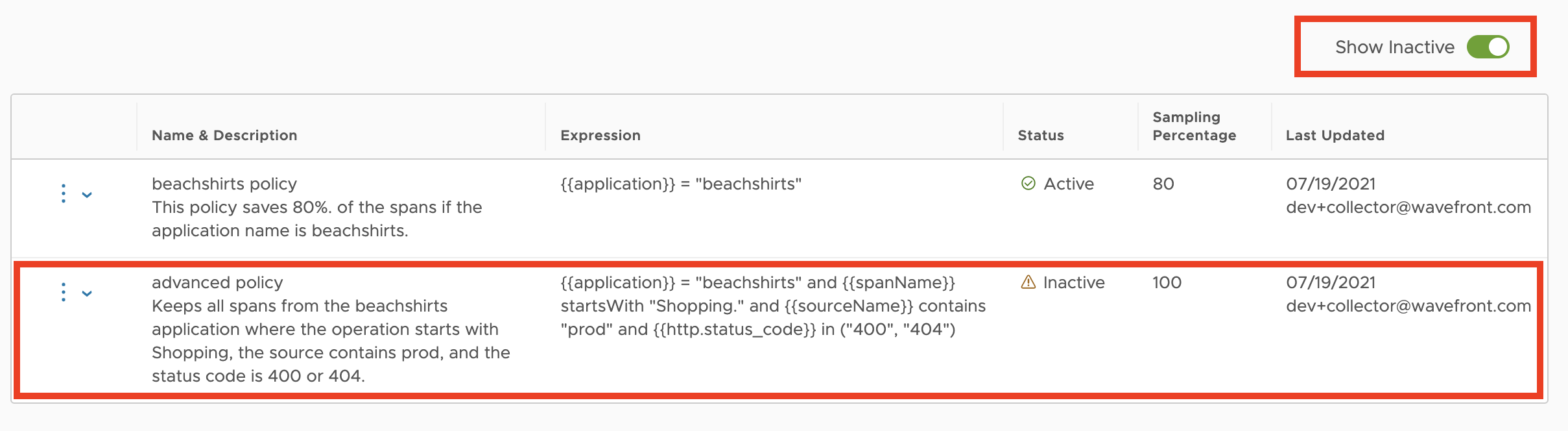 Shows the how inactive sampling policies toggle is enabled and as a result how you see the inactive sampling policy in the list of policies.